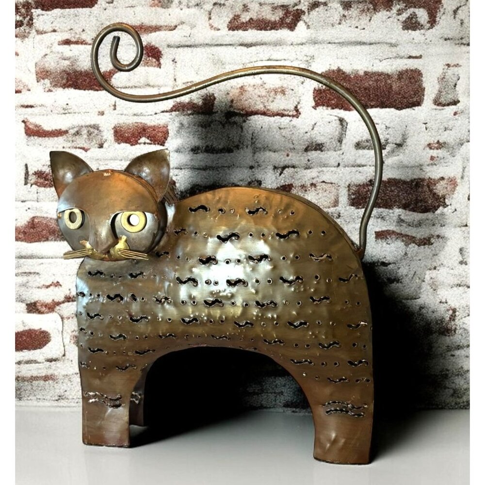 Rustic Metal Cat Sculpture With Curled Tail Candle Holder Vintage Bronze Finish - Picture 4 of 10